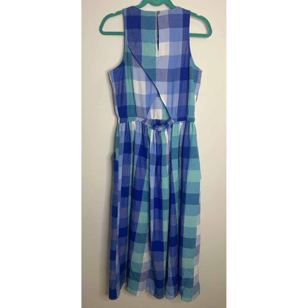 NWT LOFT Seersucker Blue Plaid Cutout Back Dress Midi Pocket Small Brunch Picnic - Picture 13 of 16